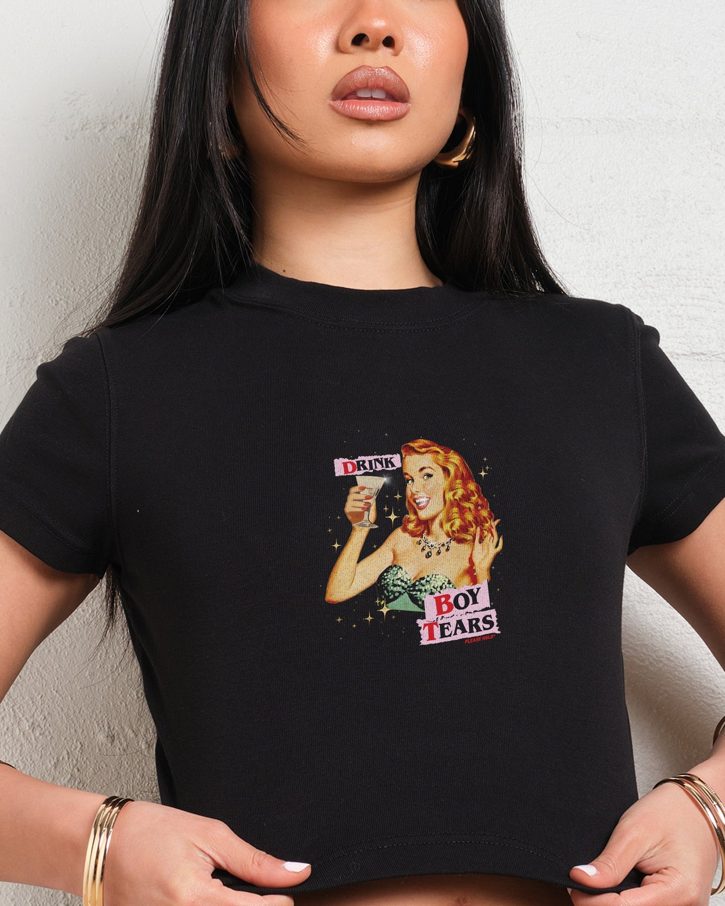 Drink Boy Tears Baby Tee – Trendy Bold Graphic Streetwear