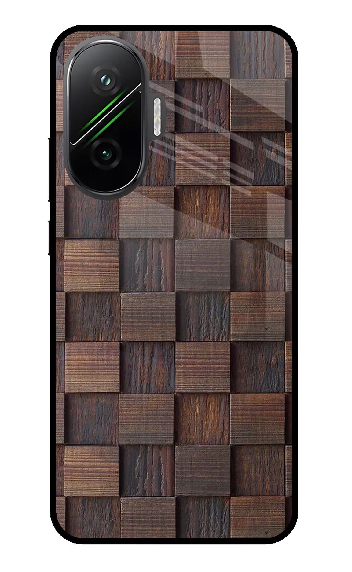Wooden Cube Design Poco F7 5G Glass Case
