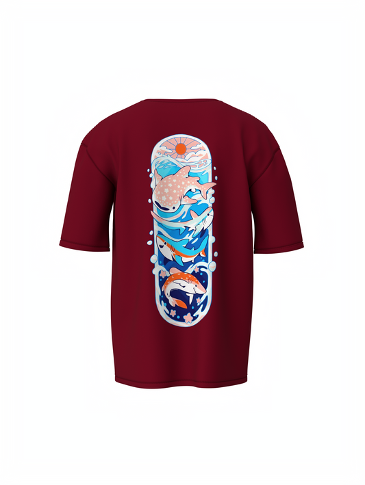 Fish Graphic Unisex Maroon Oversized T-Shirt