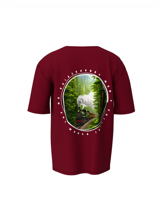 Nature train Graphic Unisex Maroon Oversized T-Shirt