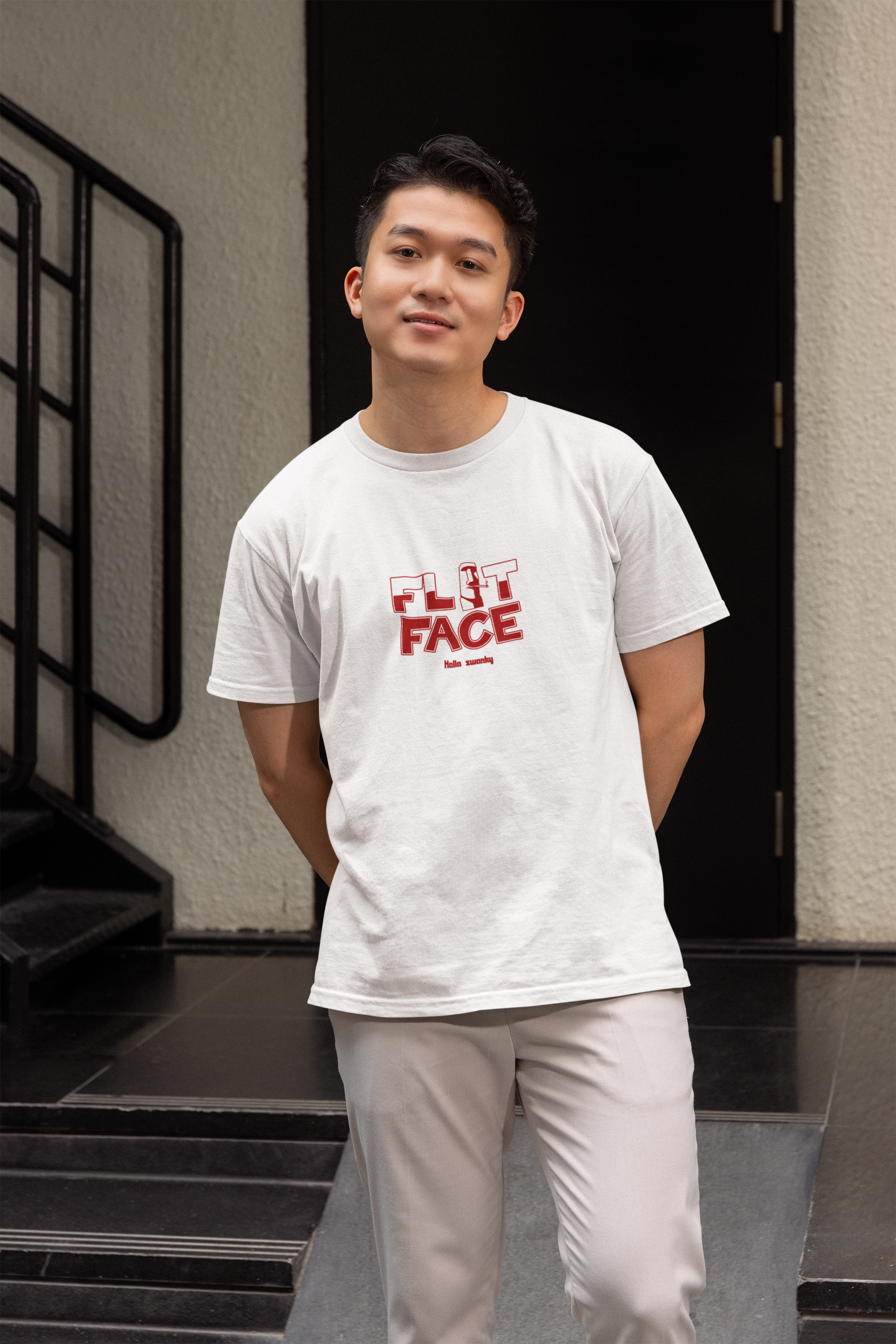 Flat face half sleeve white round neck t-shirt for men by hello swanky - s