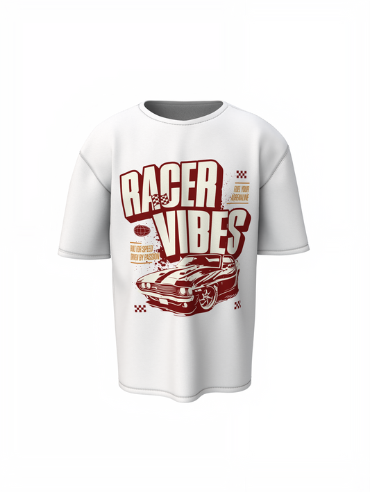 Oversized T-Shirts Racer Vibes White Motorsport Style Tee Fit