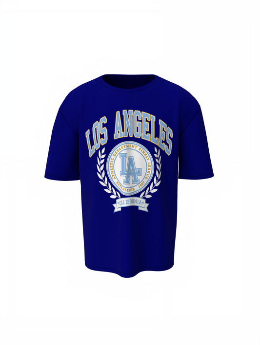 LA Athletic Oversized T-Shirt Blue Bold Graphic Design