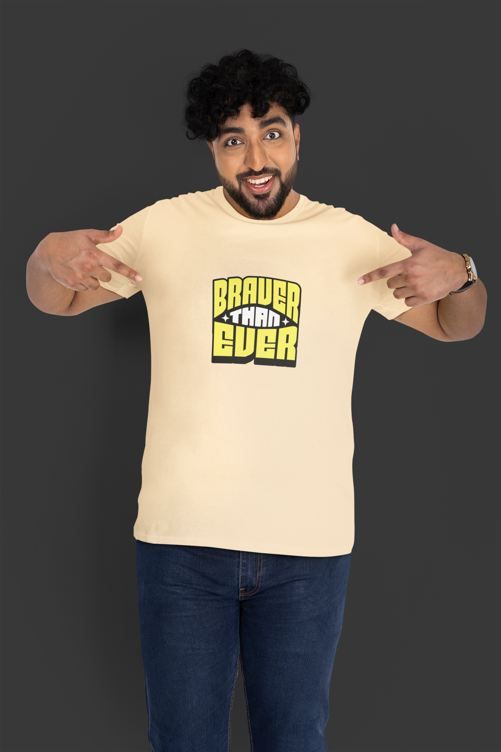Braver Than Ever Beige Half Sleeve Round Neck T-Shirt