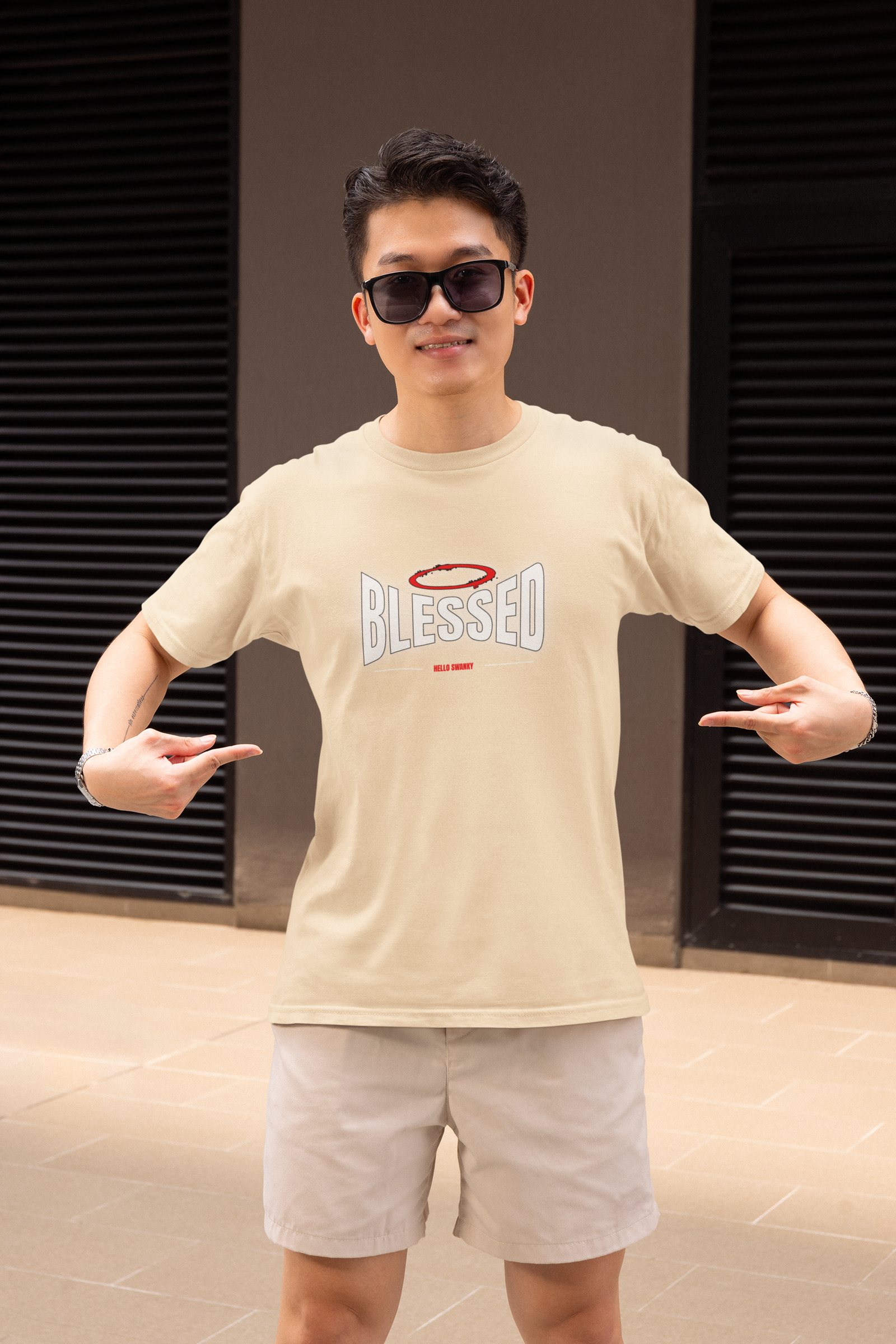 Blessed Half Sleeve Beige Round Neck T-Shirt for Men