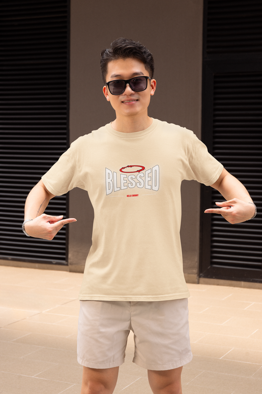 Blessed Half Sleeve Beige Round Neck T-Shirt for Men