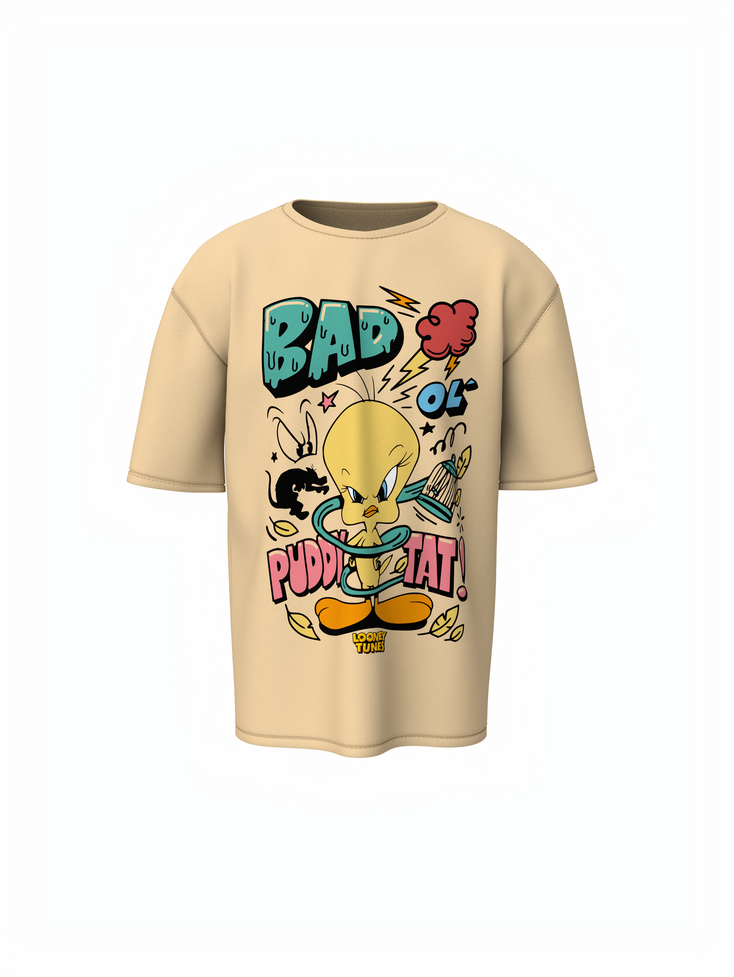 Puddy Tat Beige Oversized T-Shirt Cute Cartoon Streetwear Tee