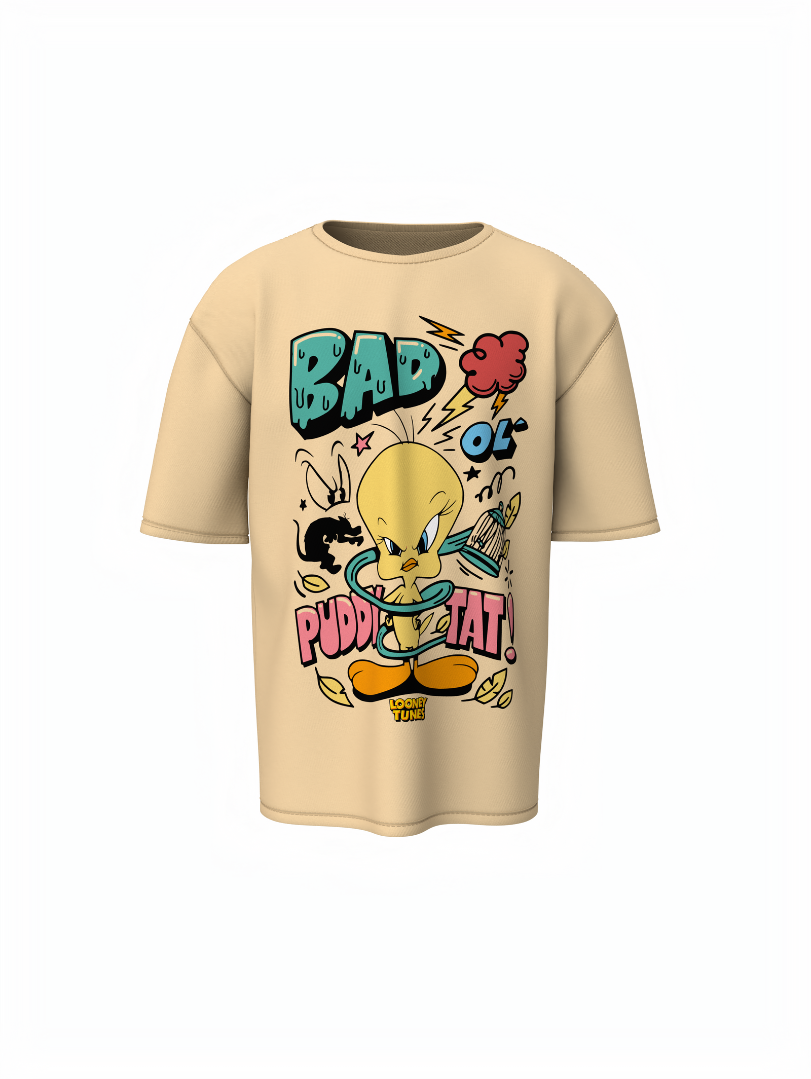 Puddy Tat Beige Oversized T-Shirt Cute Cartoon Streetwear Tee