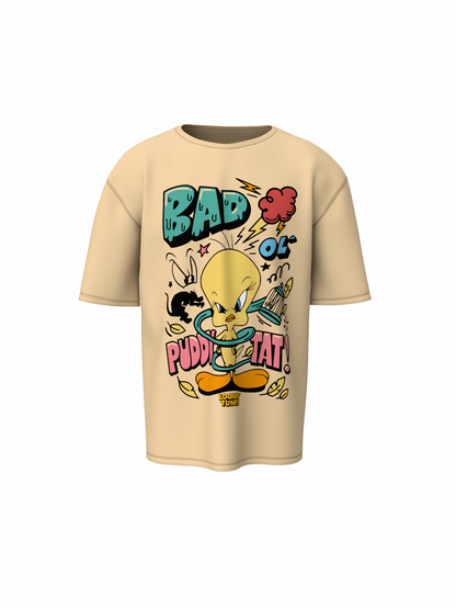Puddy Tat Beige Oversized T-Shirt Cute Cartoon Streetwear Tee