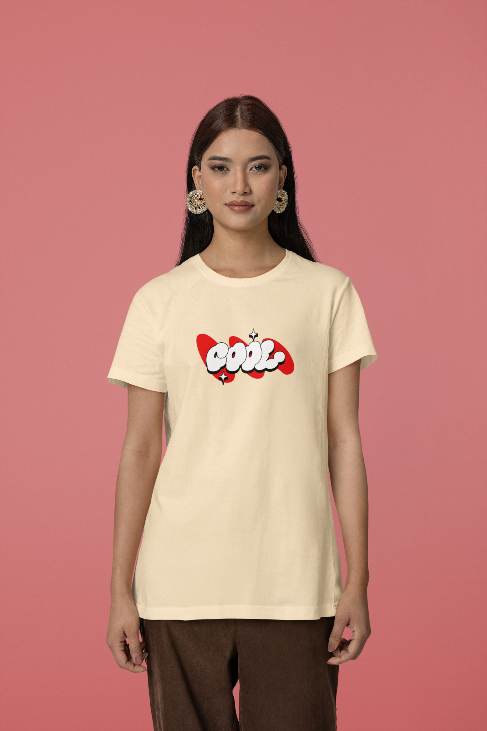 Cool Stars Half Sleeve Beige Round Neck T-Shirt for Women