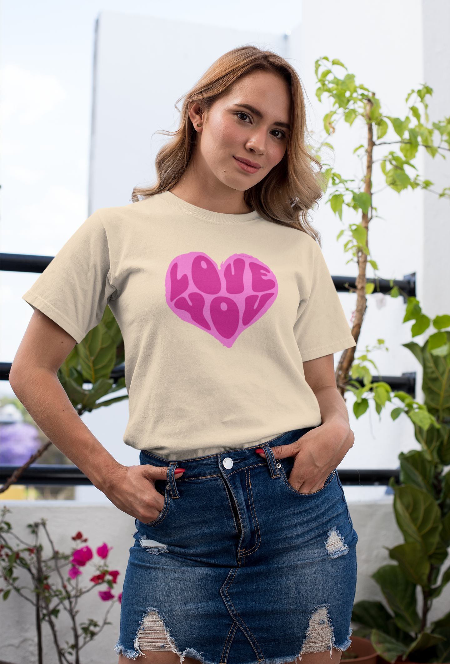 Love you half sleeve beige round neck t-shirt for women by hello swanky - s
