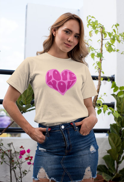 Love you half sleeve beige round neck t-shirt for women by hello swanky - s