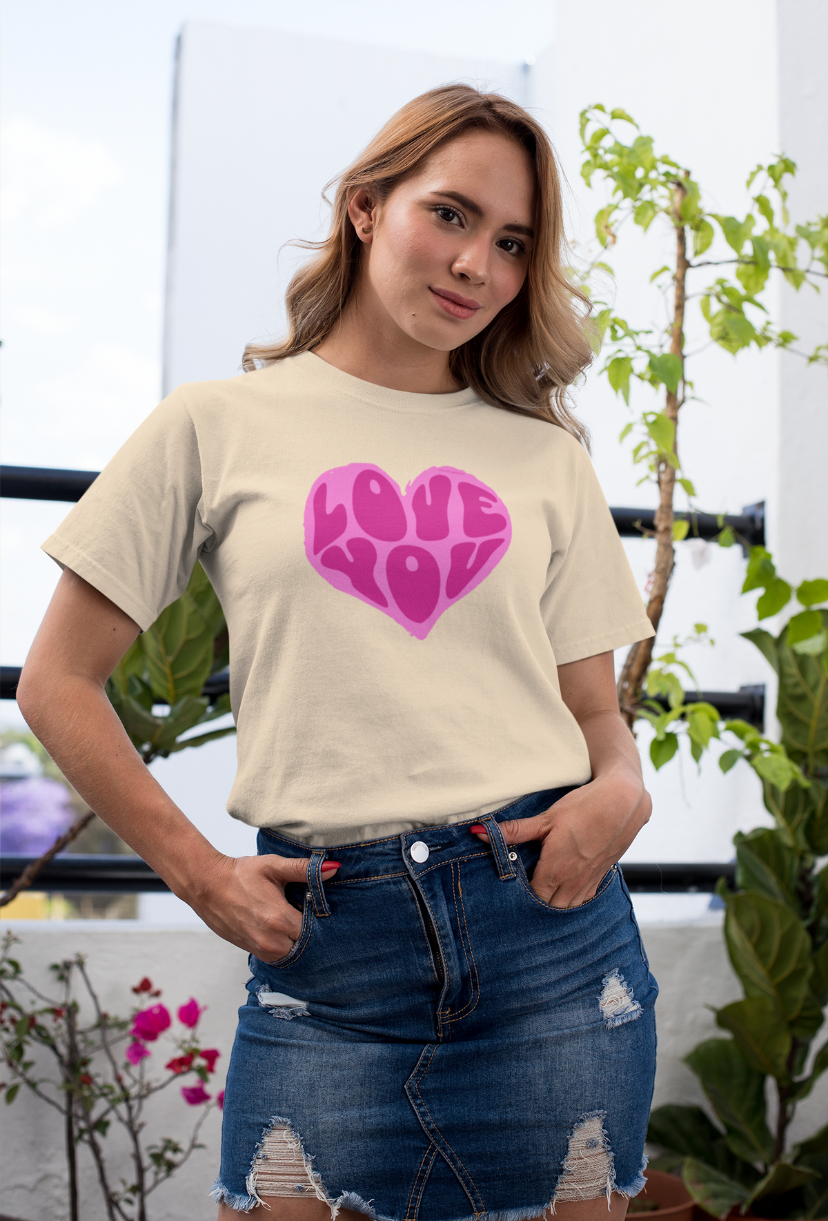 Love You Half Sleeve Beige Round Neck T-Shirt for Women by Hello Swanky