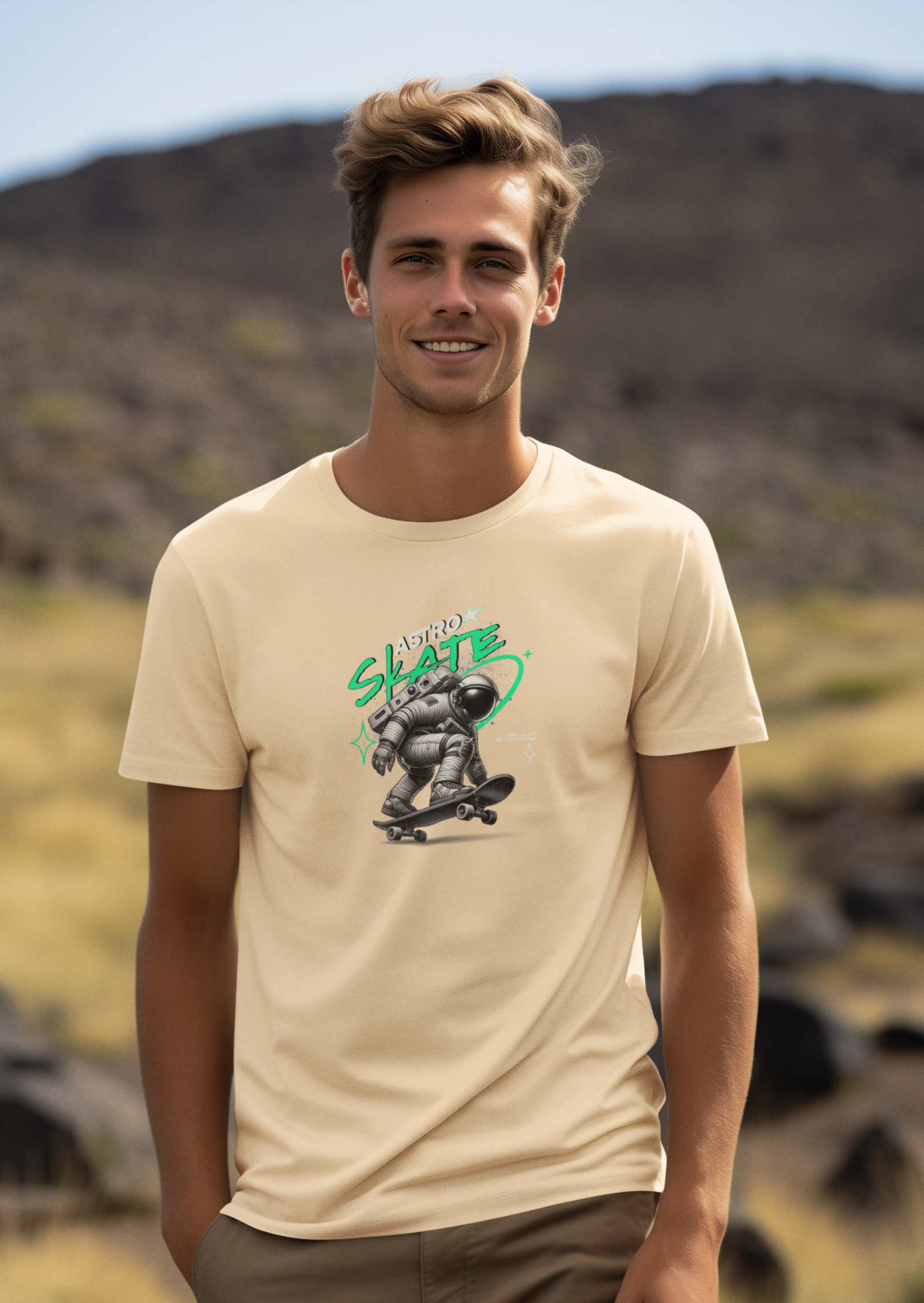 Skate Half Sleeve Beige Round Neck T-Shirt for Trendy Design