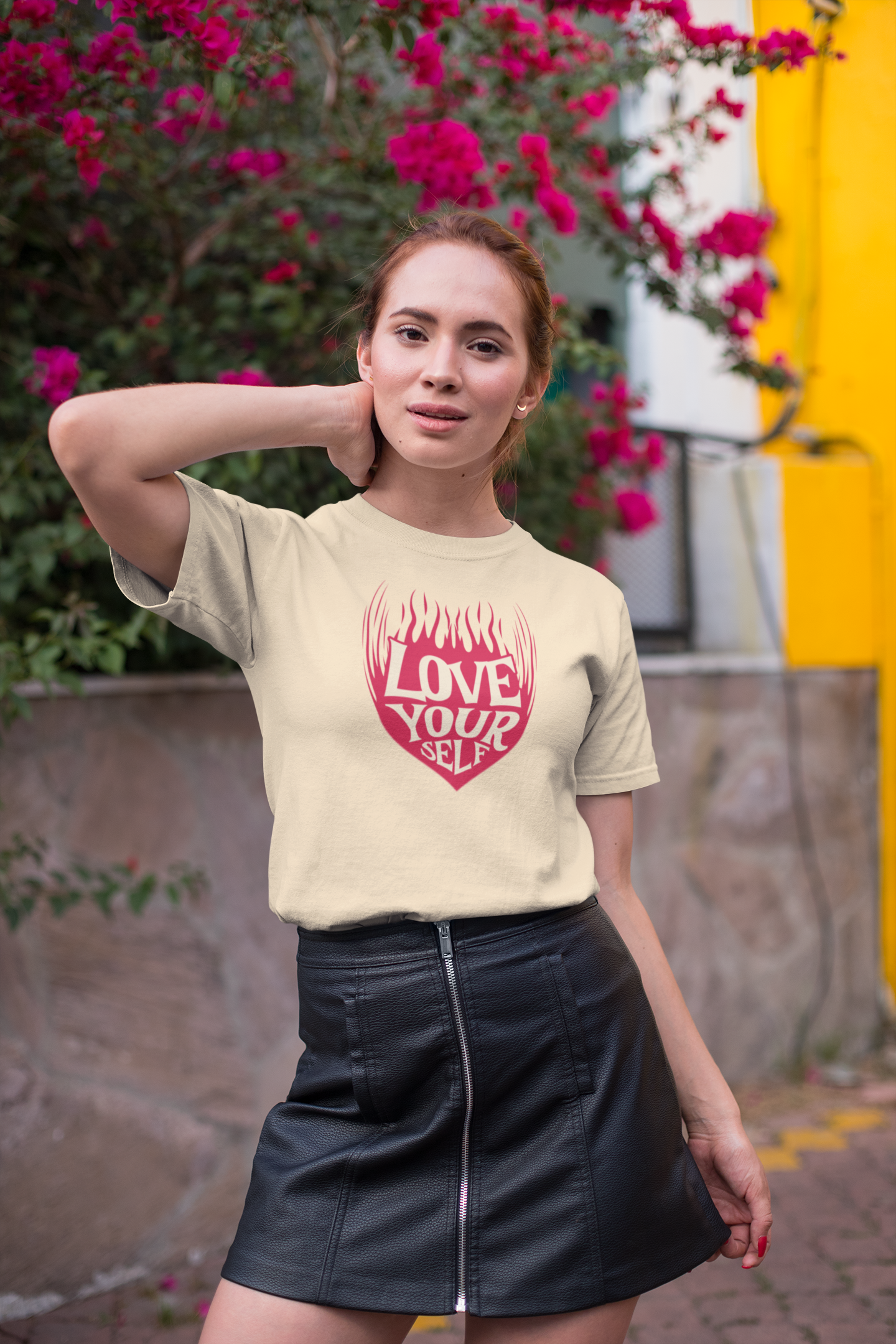 Love your self half sleeve beige round neck t-shirt for women by hello swanky