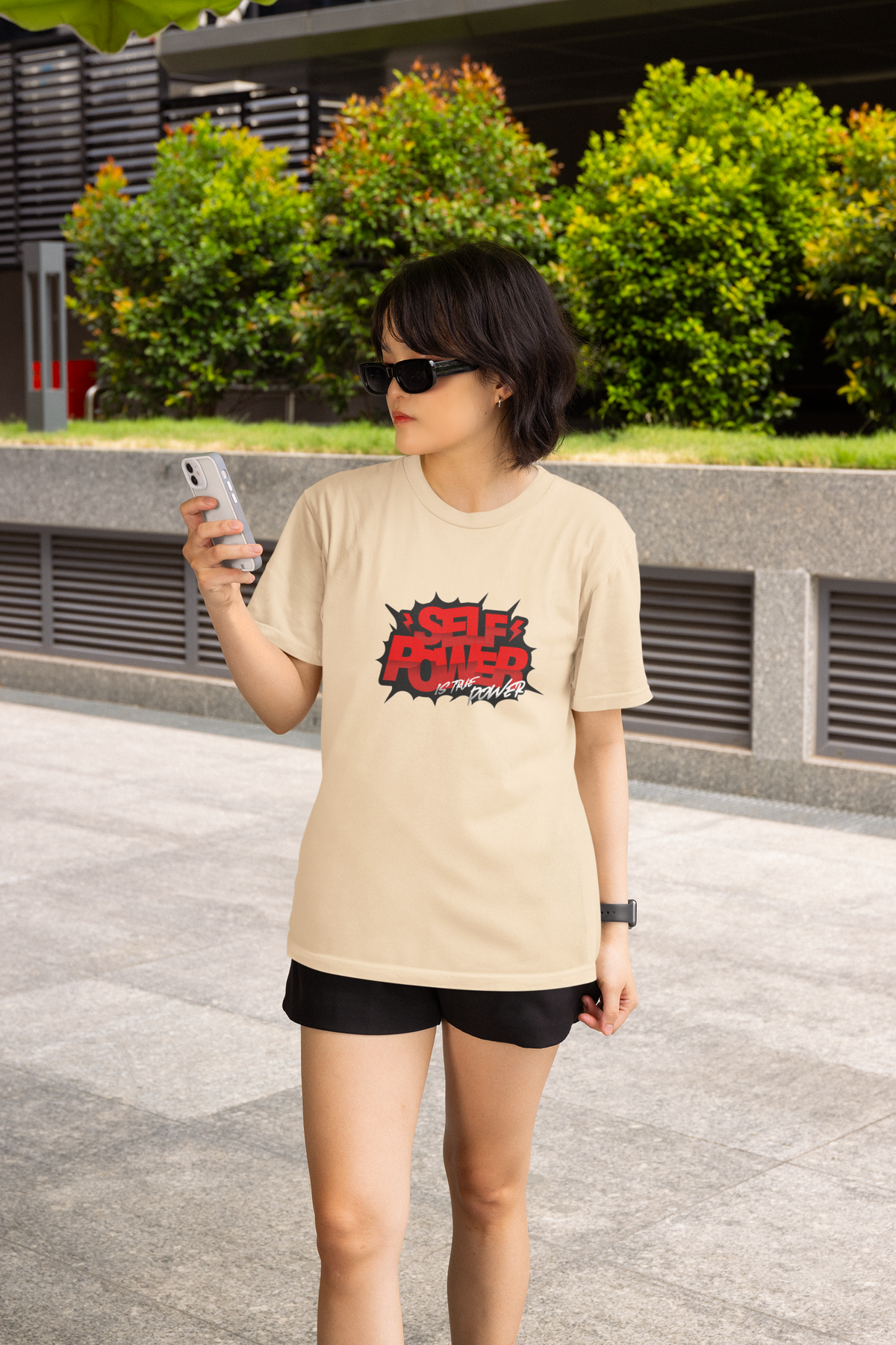 Self Power Is True Half Sleeve Beige Round Neck T-Shirt for Women by Hello Swanky