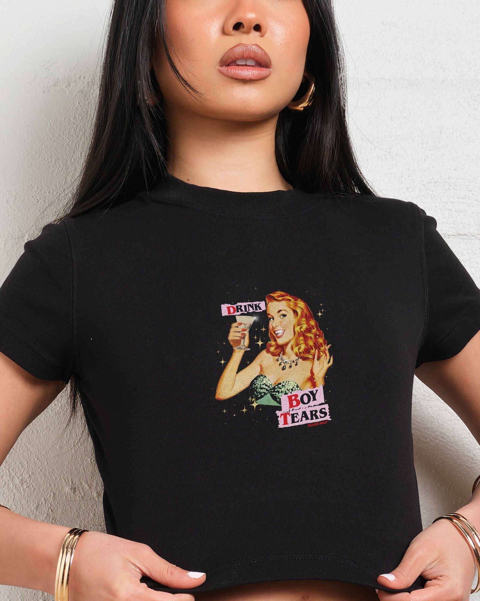 Drink Boy Tears Baby Tee – Trendy Bold Graphic Streetwear
