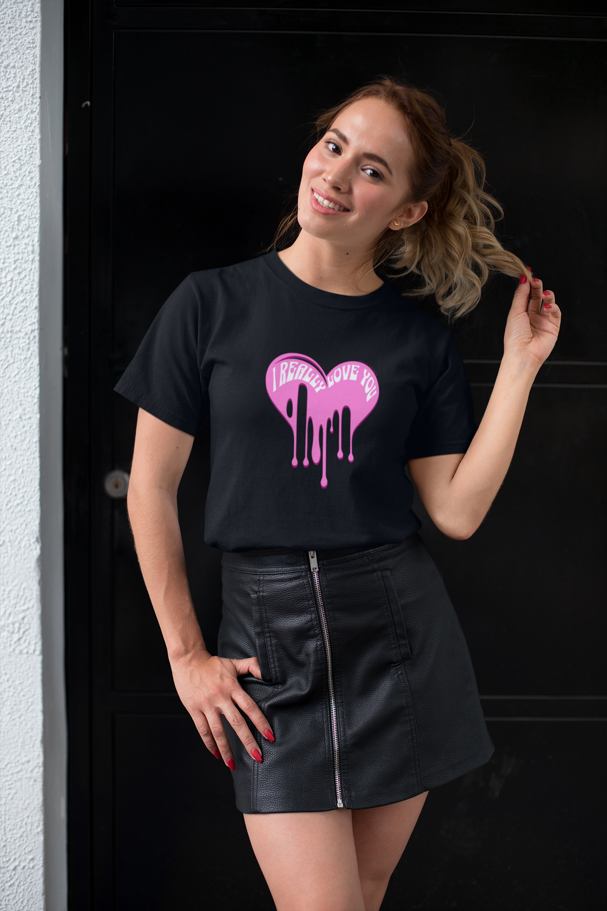 Really Love You Half Sleeve Black Round Neck T-Shirt for Women by Hello Swanky