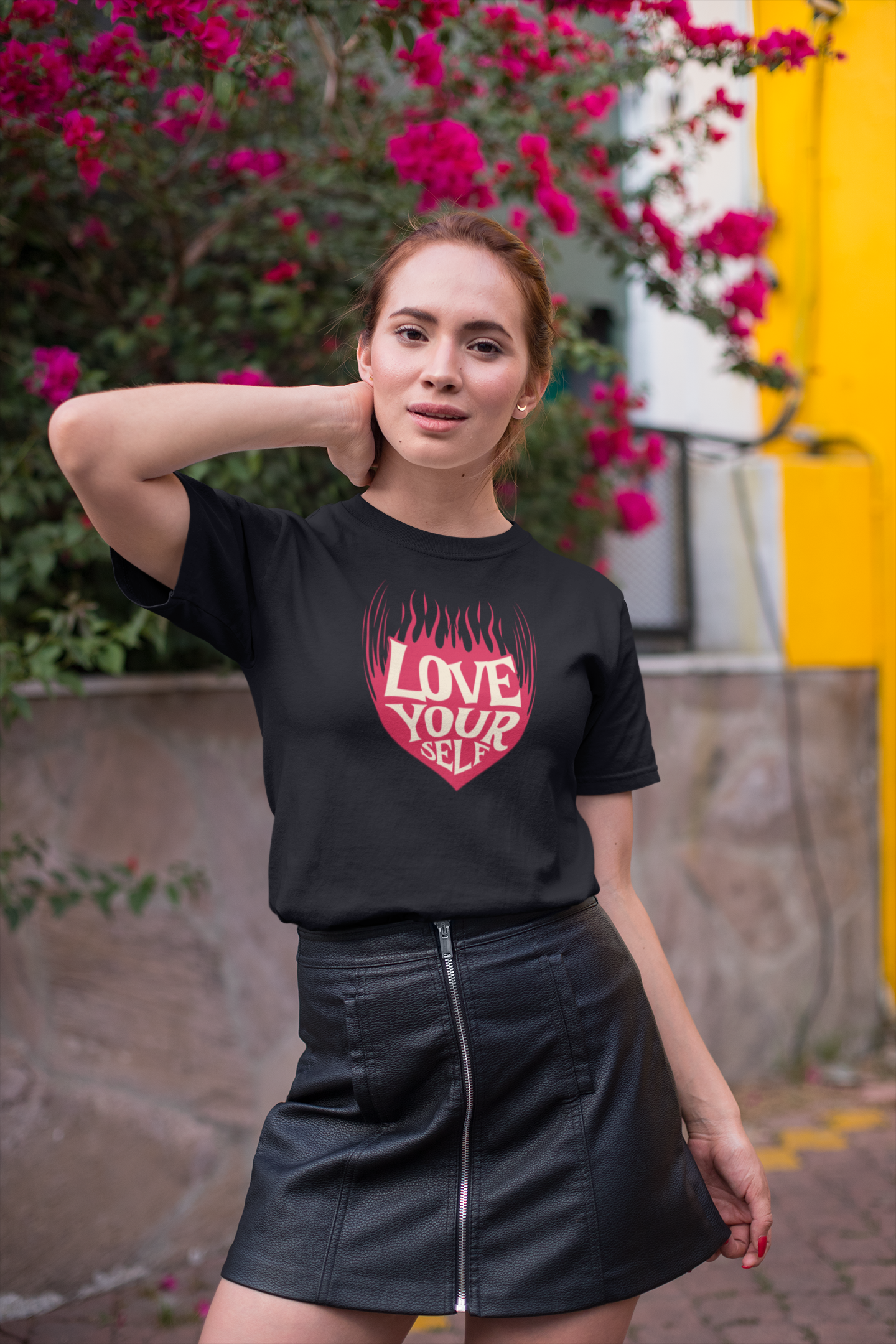 Love your self half sleeve black round neck t-shirt for women by hello swanky