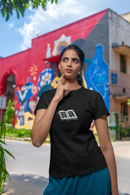 Book Half Sleeve Black Round Neck T-Shirt for Women Casual Tee