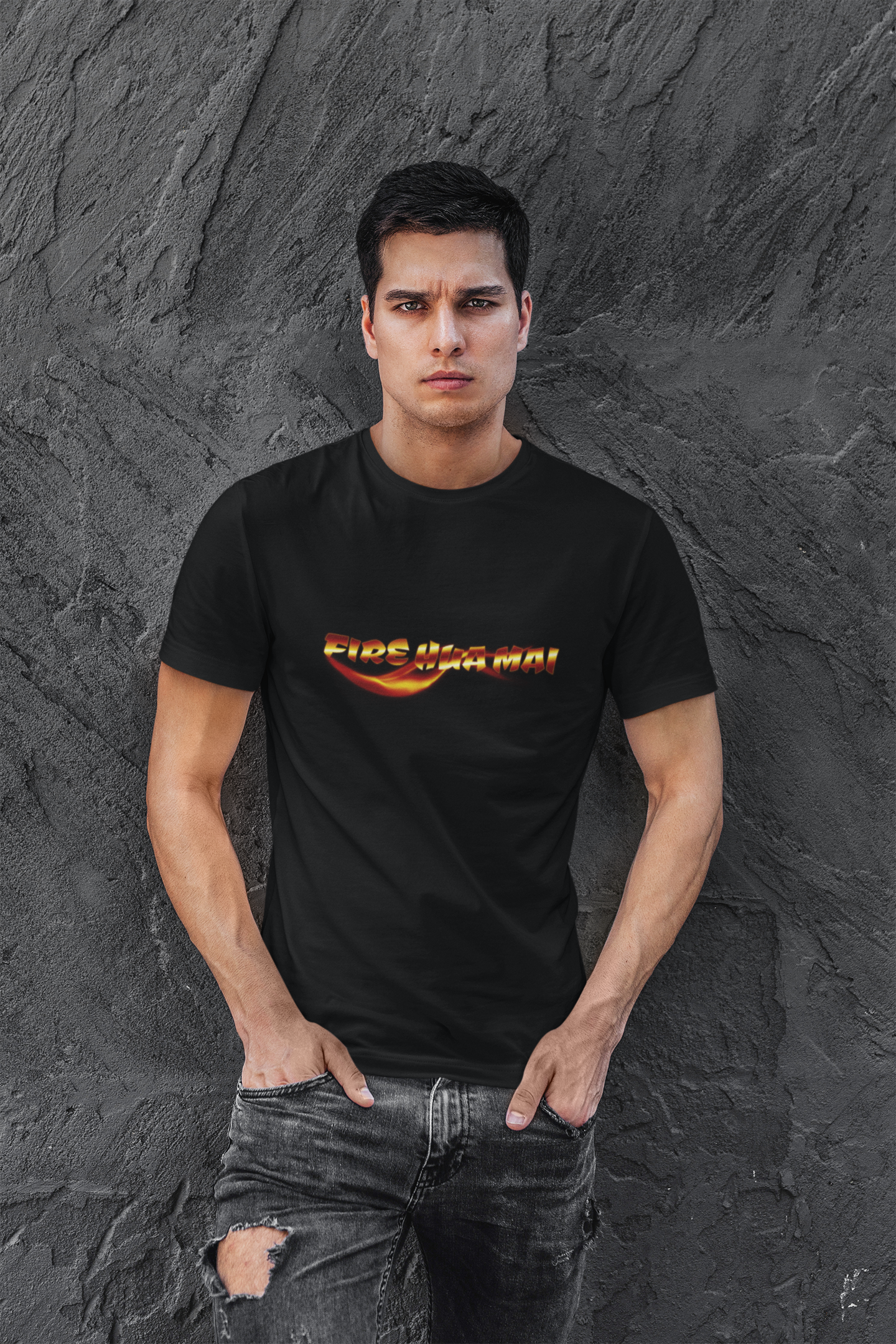 Fire Hua Mai Black Round Neck T-Shirt for Men Streetwear