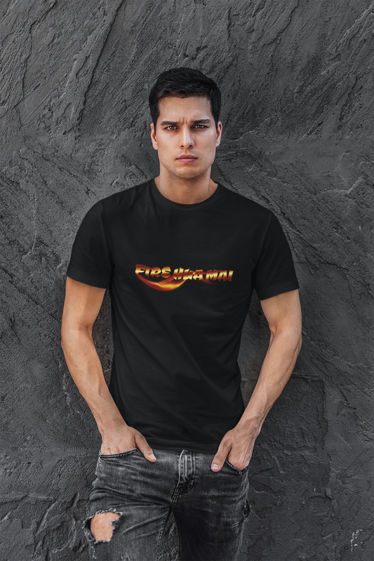 Fire Hua Mai Black Round Neck T-Shirt for Men Streetwear