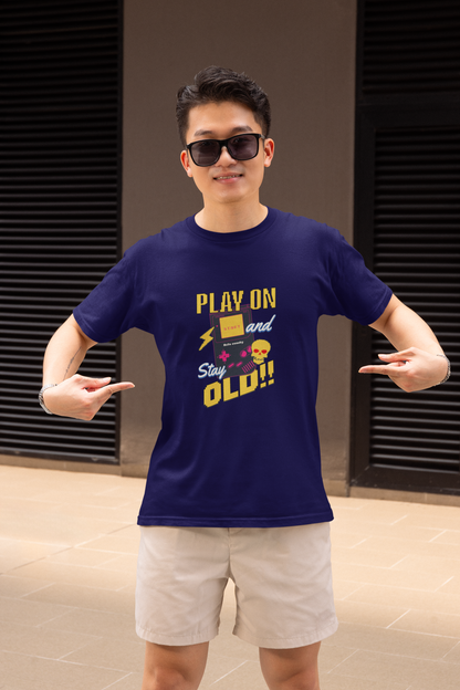 Play On & Stay Old Half Sleeve Blue Round Neck T-Shirt for Men
