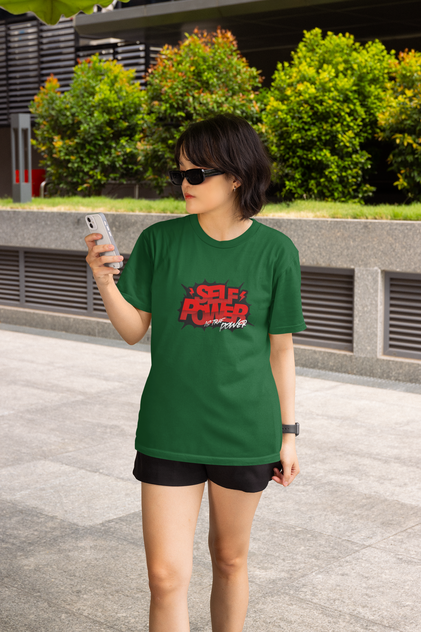 Self power is true half sleeve bottle green round neck t-shirt for women