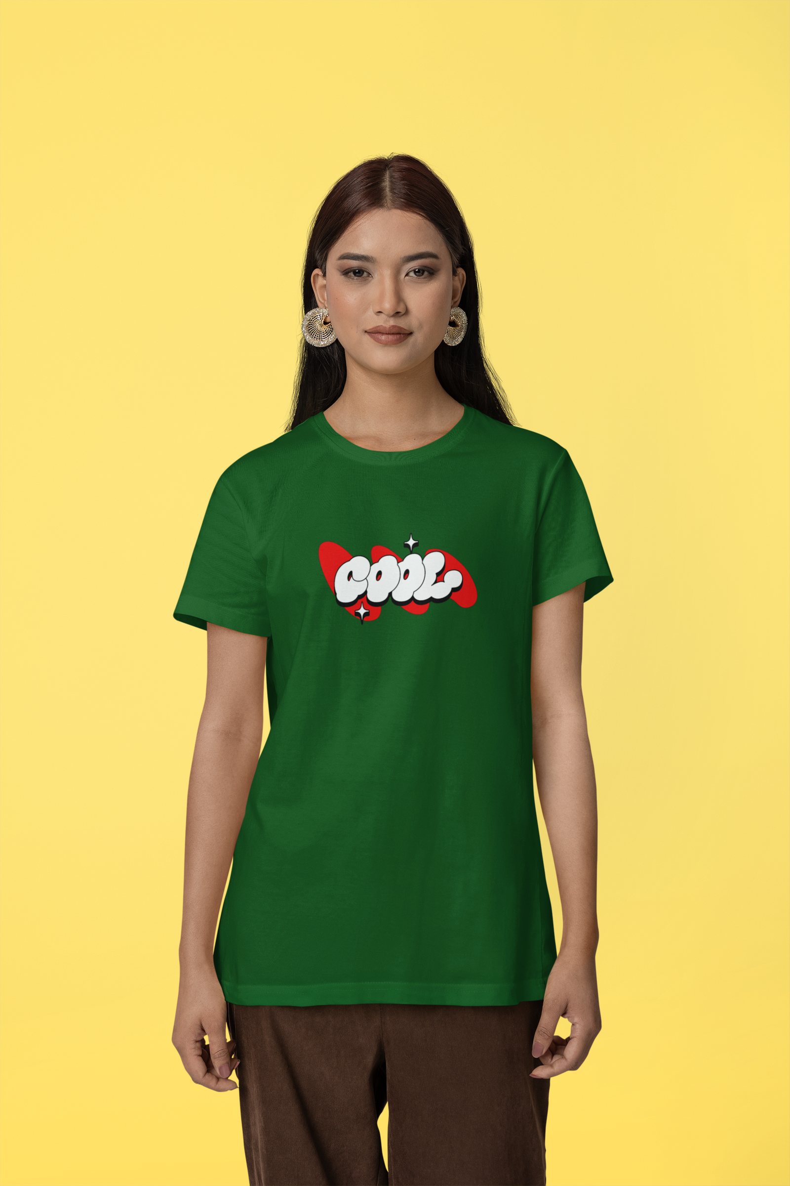 Cool Stars Half Sleeve Bottle Green Round Neck T-Shirt for Women