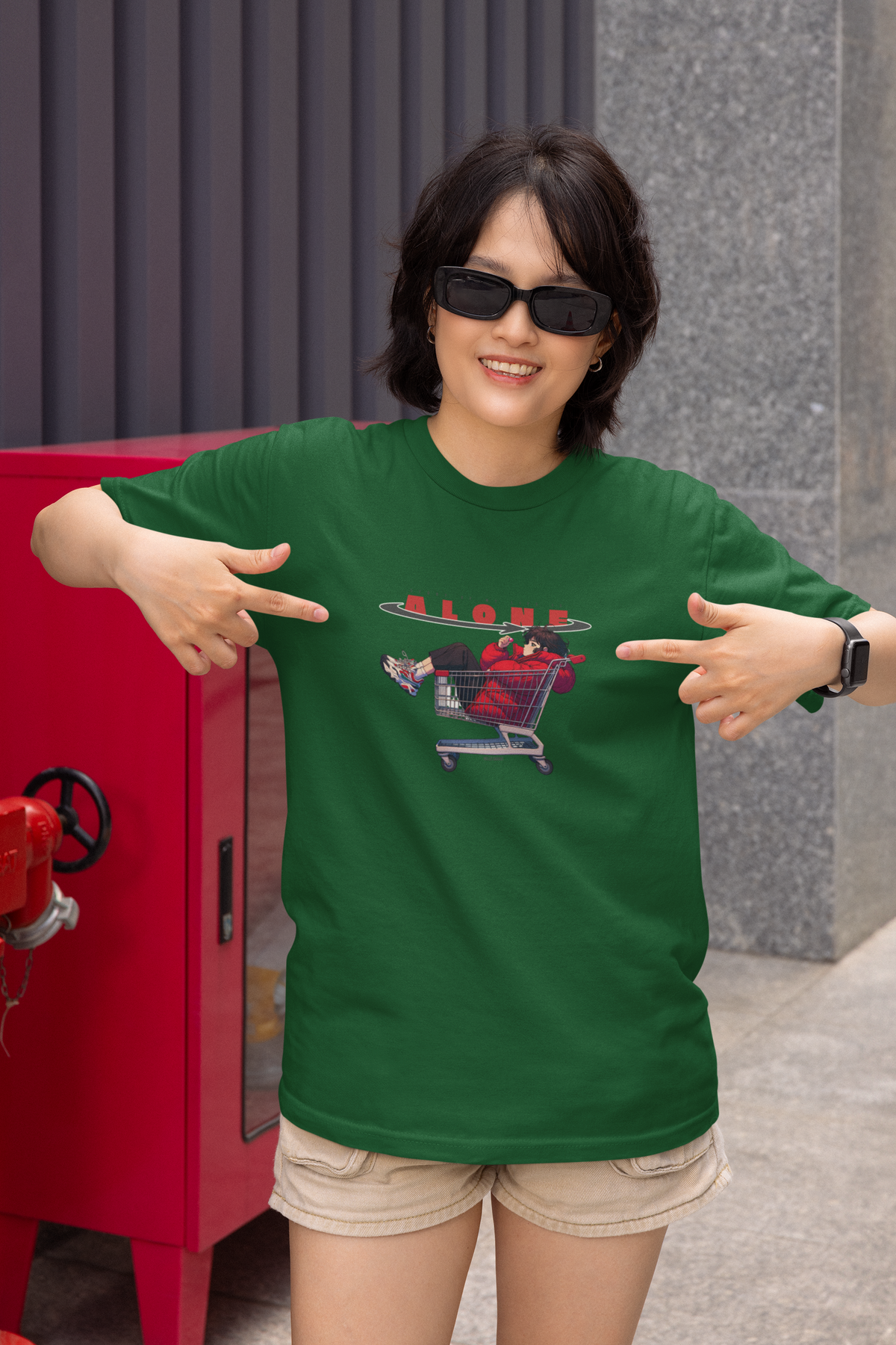 Life Is Alone Half Sleeve Bottle Green Round Neck T-Shirt for Women by Hello Swanky