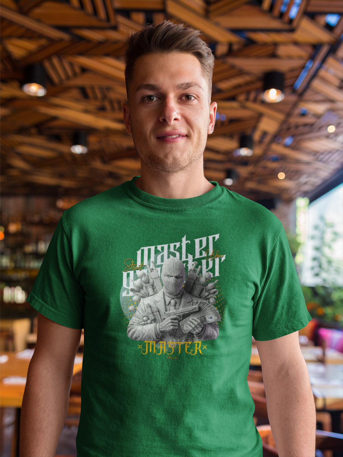 Master Gangster Sleeve Bottle Green Round Neck T-Shirt for Men Hello Swanky