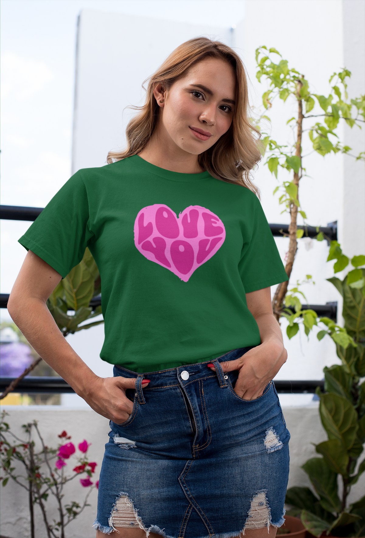 Love You Half Sleeve Bottle Green Round Neck T-Shirt for Women by Hello Swanky