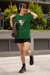 Drop Eye Half Sleeve Bottle Green Round Neck T-Shirt for Women
