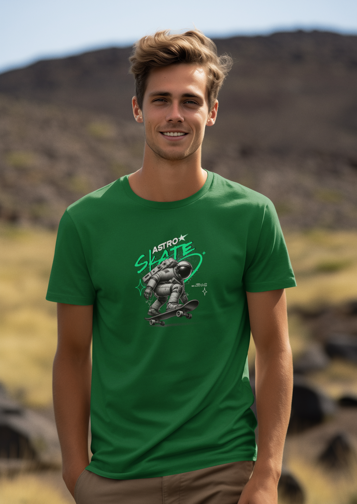 Skate Half Sleeve Bottle Green Round Neck T-Shirt for Men Hello Swanky