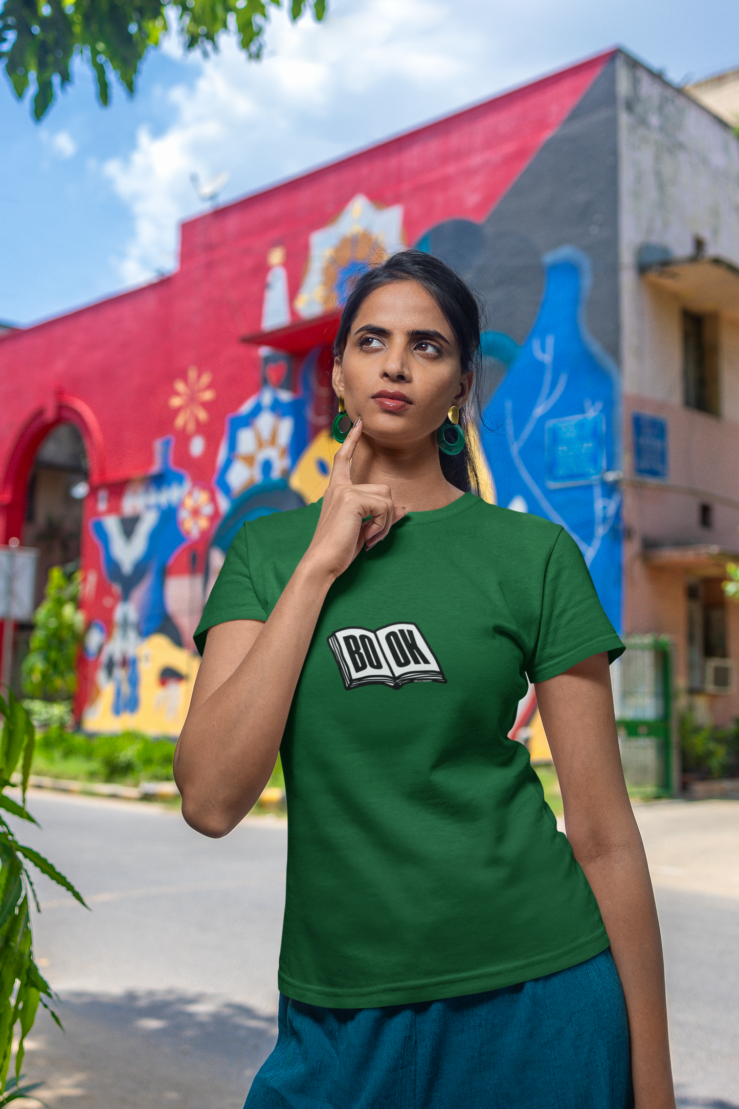 Book Half Sleeve Bottle Green Round Neck T-Shirt for Women Casual Tee