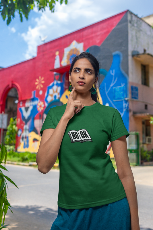 Book Half Sleeve Bottle Green Round Neck T-Shirt for Women Casual Tee