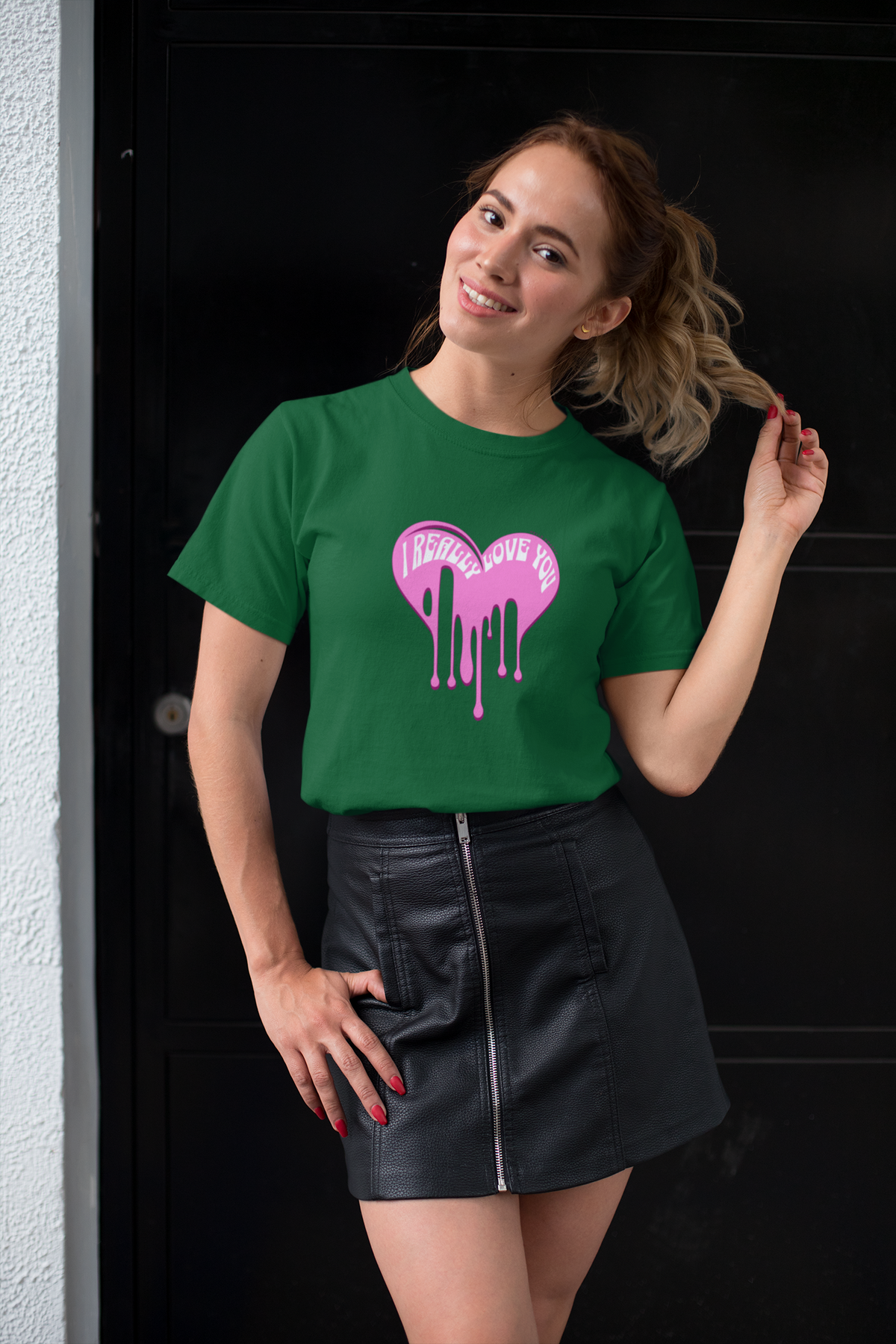 Really Love You Half Sleeve Bottle Green Round Neck T-Shirt for Women by Hello Swanky