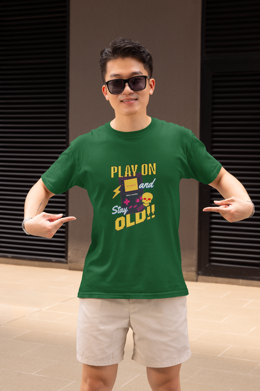 Play On & Stay Old Half Sleeve Bottle Green Round Neck T-Shirt for Men