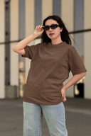 Brown Half Sleeve Oversized Plain T-Shirt for Women by Hello Swanky