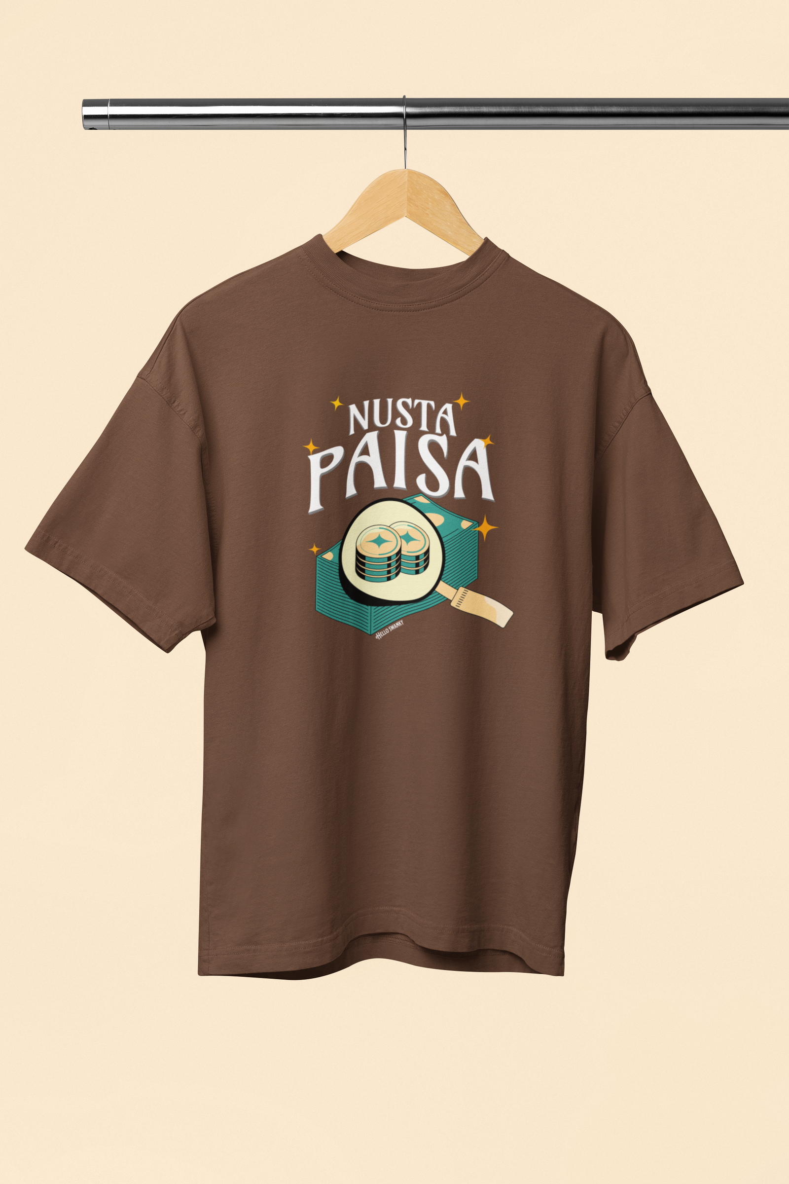 Nusta Paisa Graphic Brown Oversized Unisex T-Shirt
