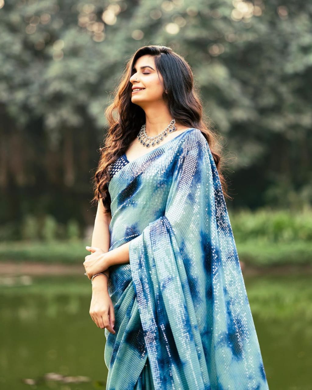 Beautiful Designer Sky Blue Saree With Georgette Fabric