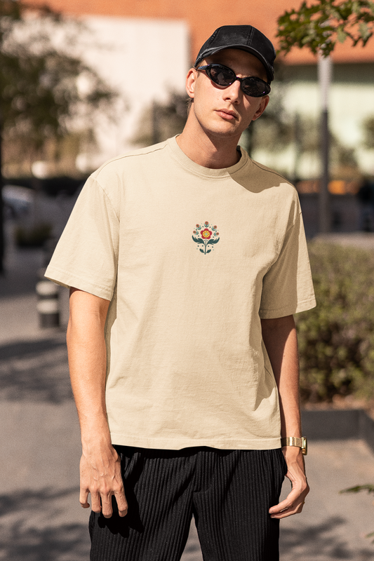 Petals of strength half sleeve beige oversized t-shirt for men by hello swanky