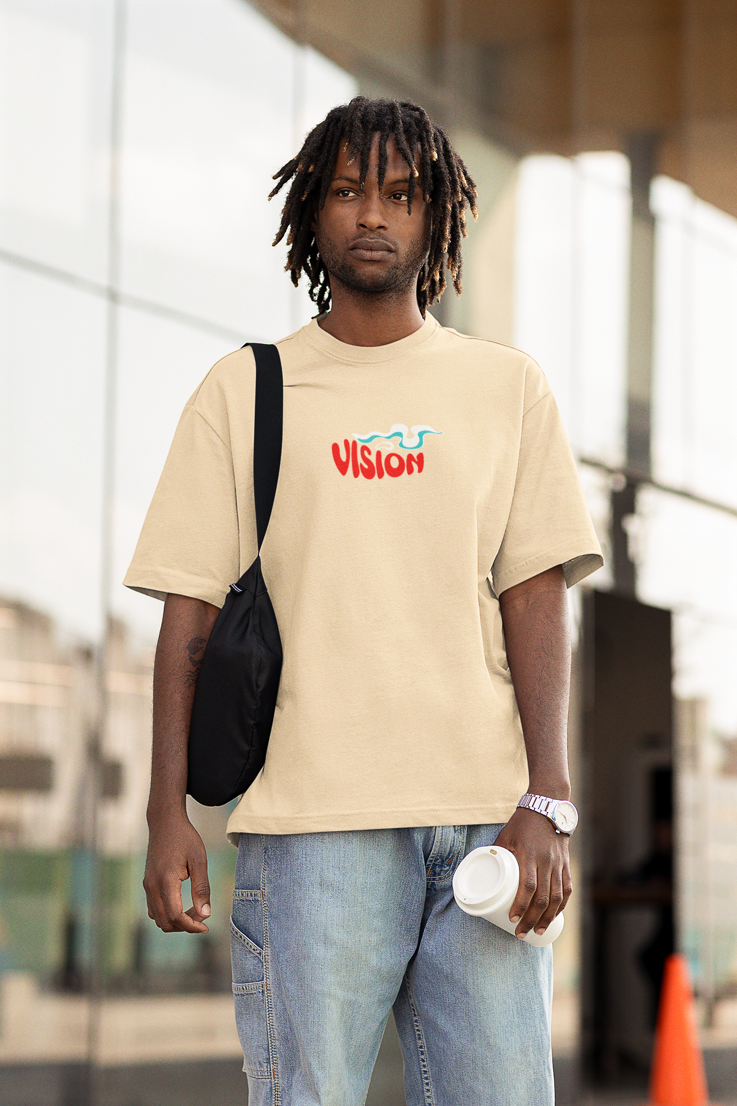 Visionary unisex beige oversized t-shirt - s