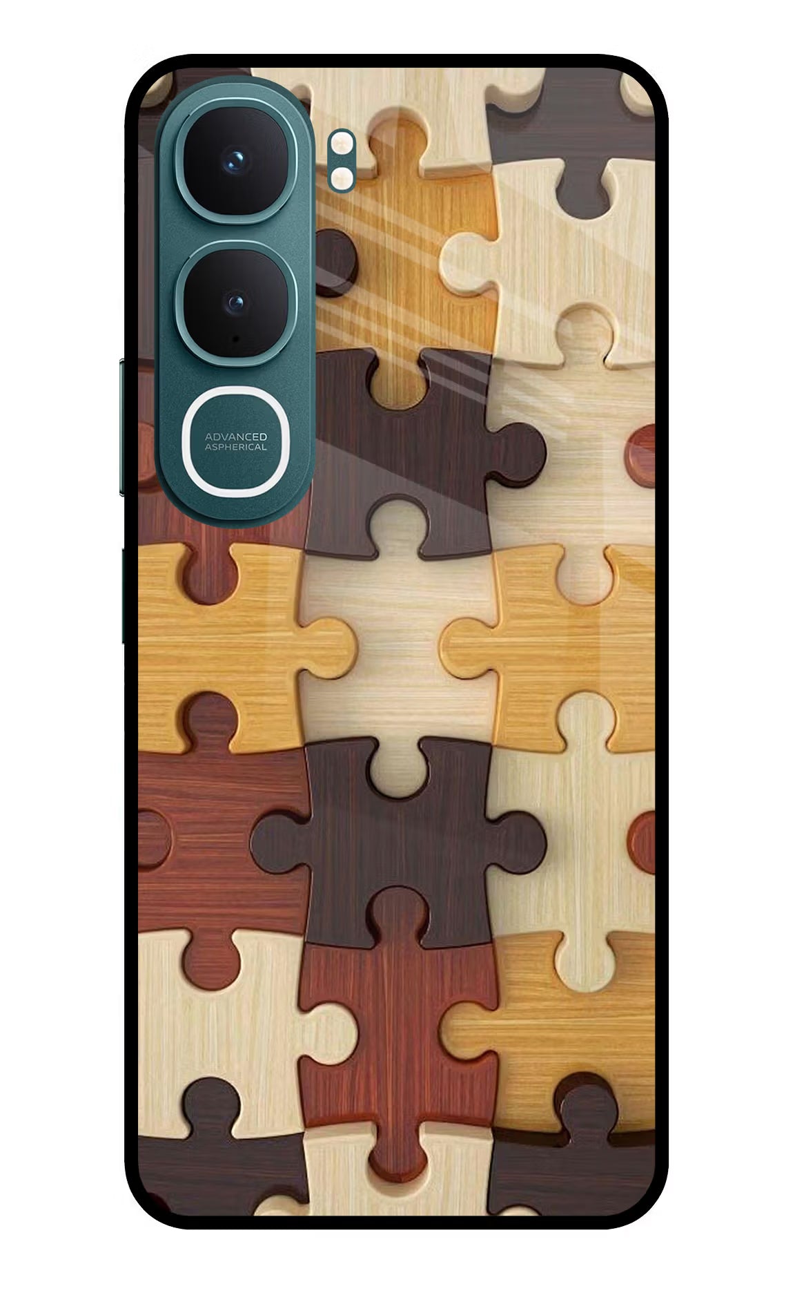 Wooden Puzzle Vivo Y31 5G Back Cover Glass Case - Hello Swanky