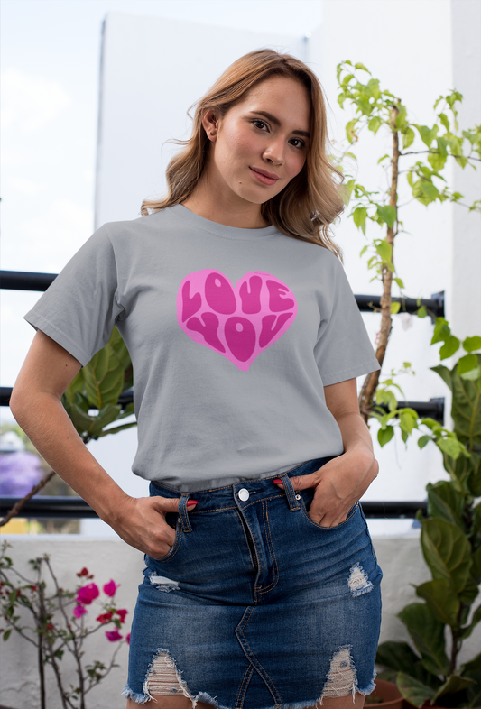 Love you half sleeve grey round neck t-shirt for women by hello swanky - s