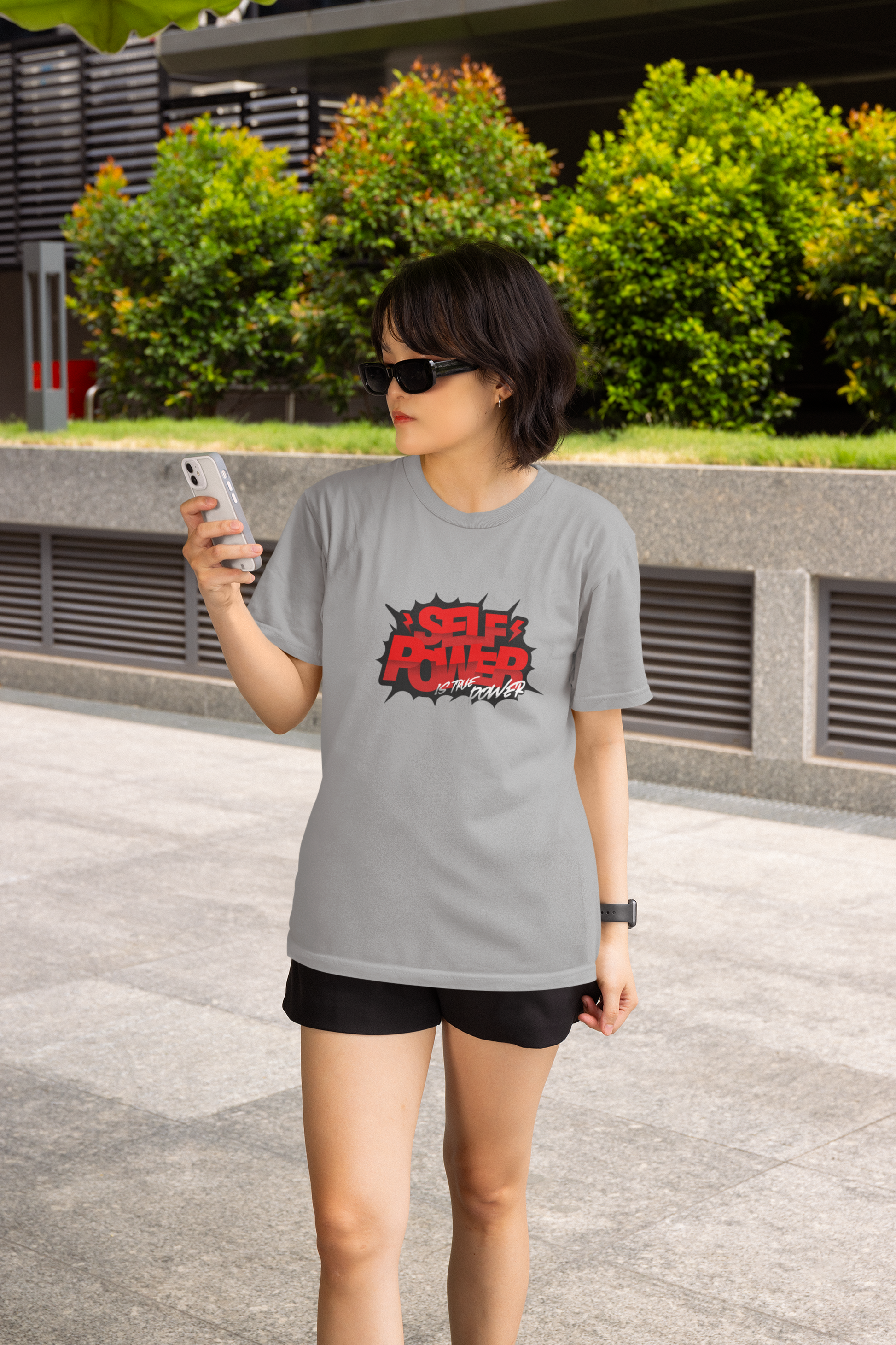 Self power is true half sleeve grey round neck t-shirt for women by hello