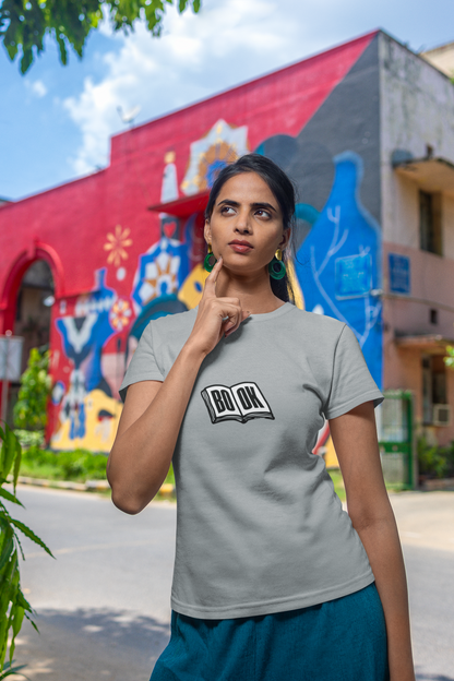 Book Half Sleeve Grey Round Neck T-Shirt for Women Casual Tee