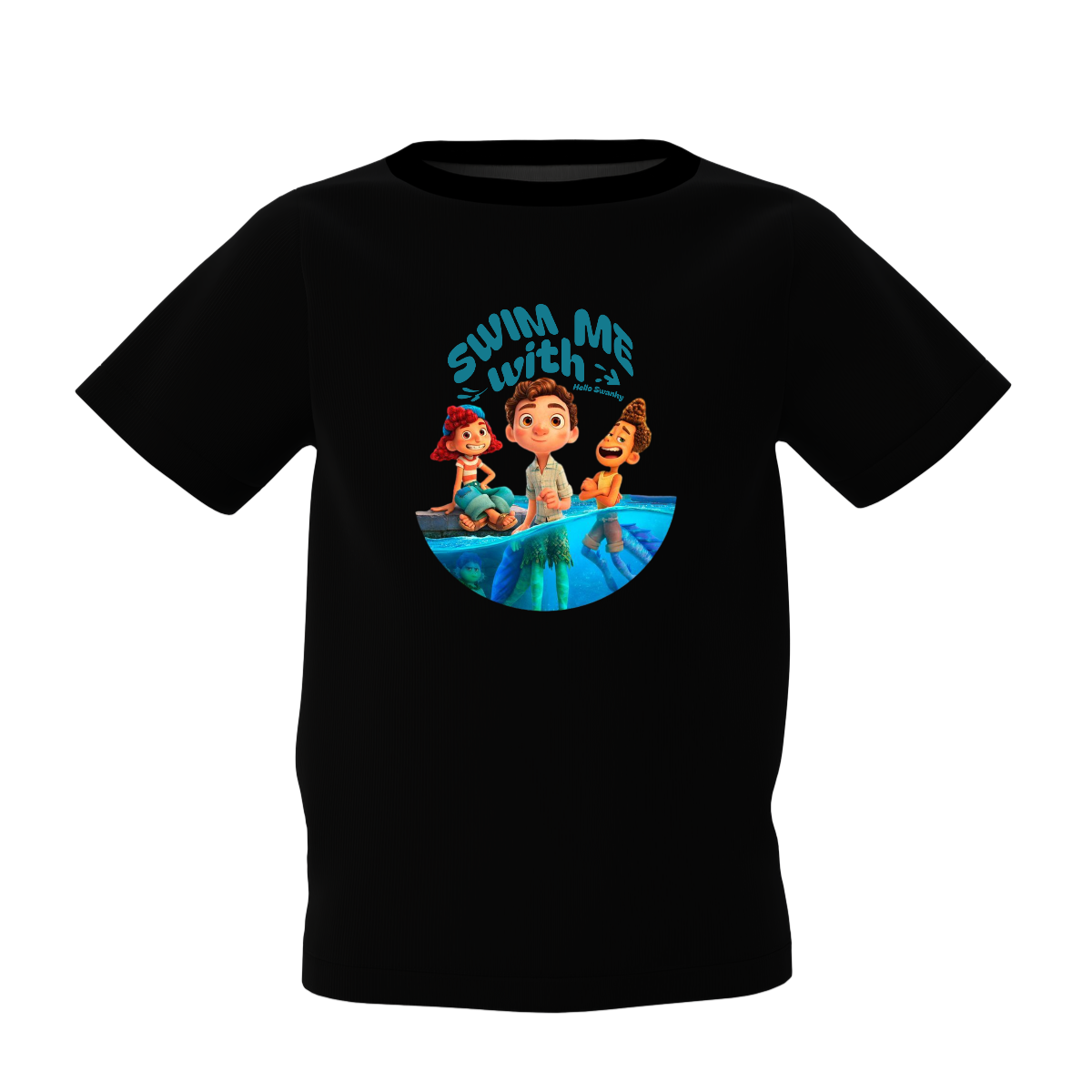 Swim With Me Kids Black Printed T-Shirt Cute Daily Wear Tee