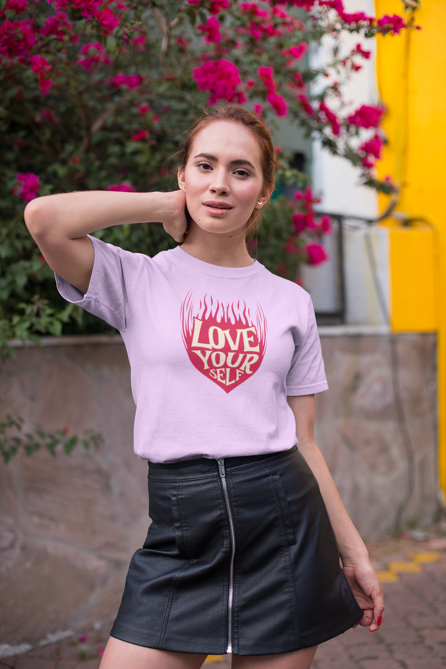 Love your self half sleeve lavender round neck t-shirt for women by hello
