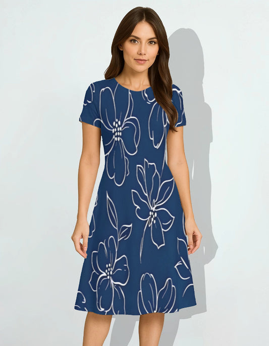 Navy Floral A-Line Dress for Women – Elegant & Stylish